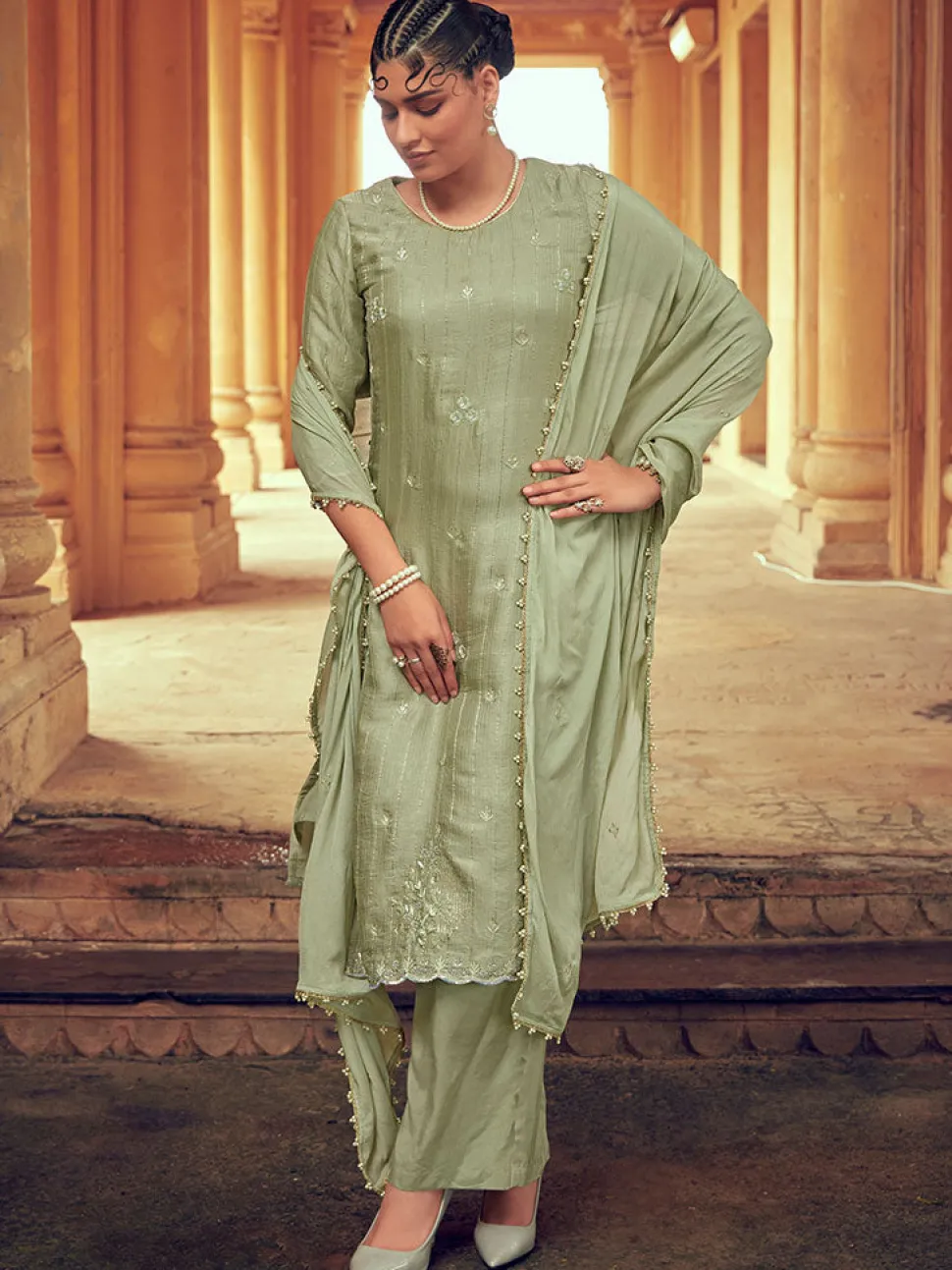 Jaipur Kurti Light Color Straight Zardozi Embroided Kurta With Pants And Chinon Embroidered Dupatta
