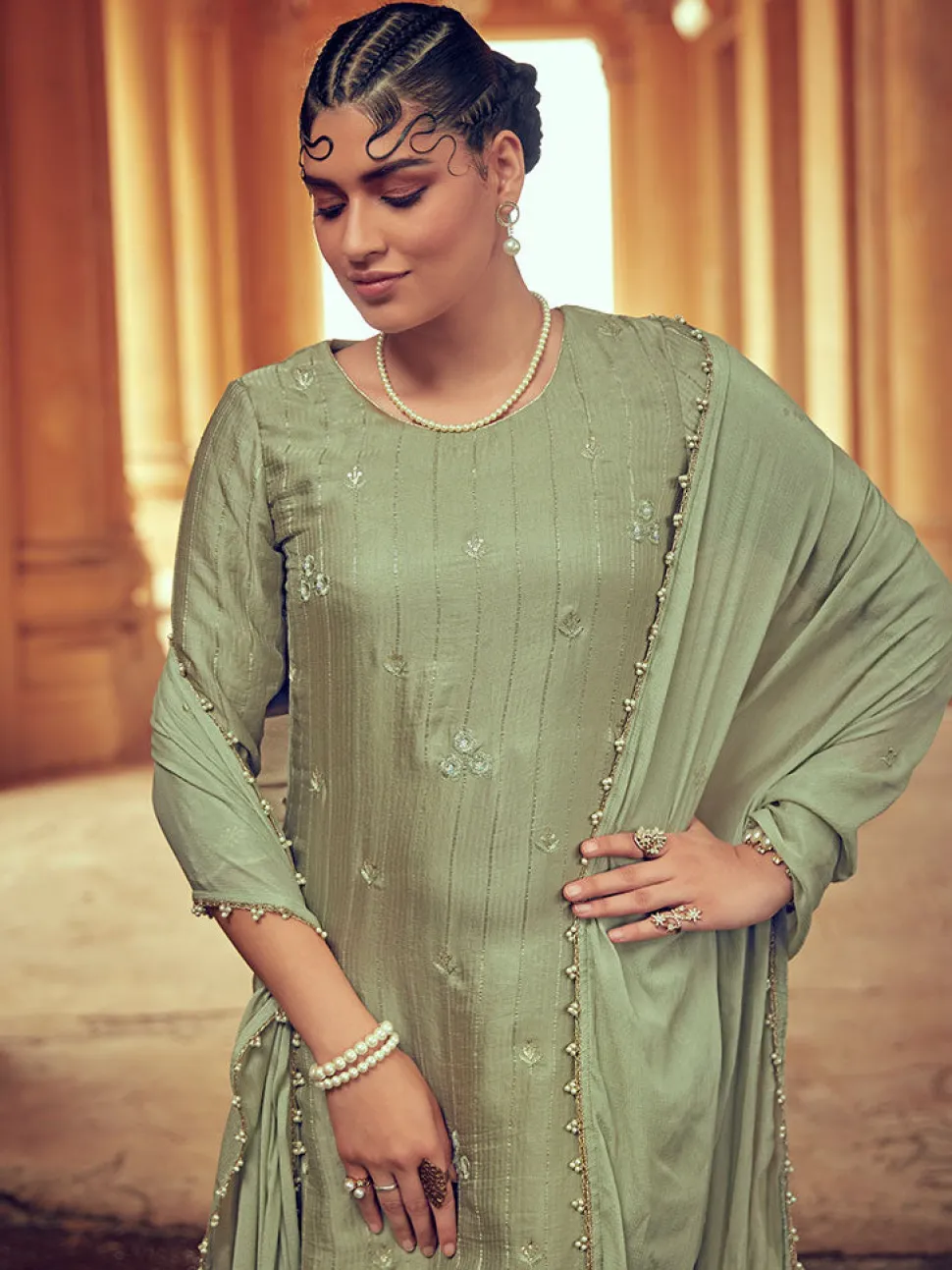Jaipur Kurti Light Color Straight Zardozi Embroided Kurta With Pants And Chinon Embroidered Dupatta