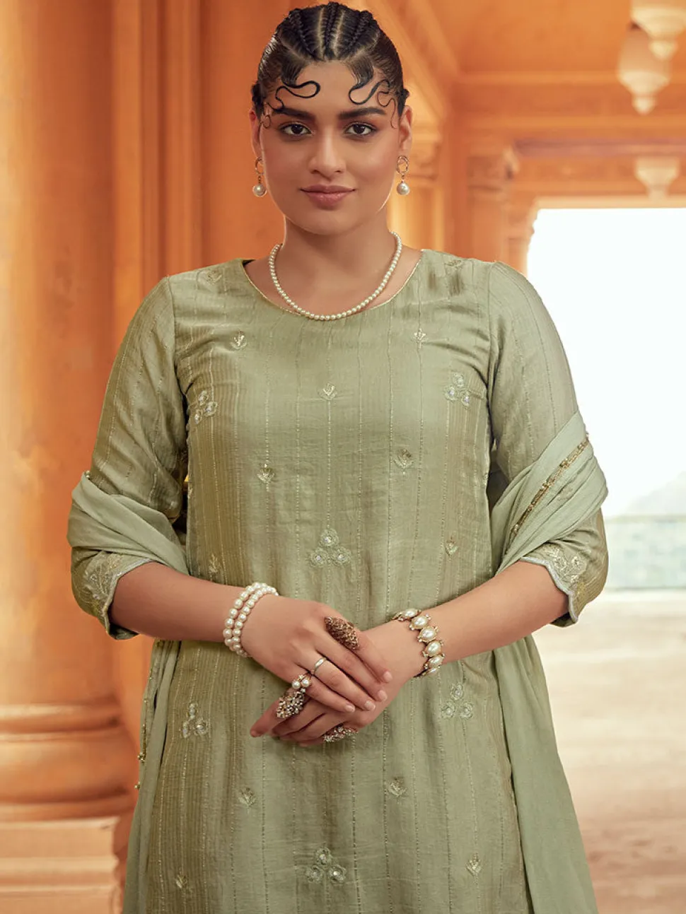 Jaipur Kurti Light Color Straight Zardozi Embroided Kurta With Pants And Chinon Embroidered Dupatta