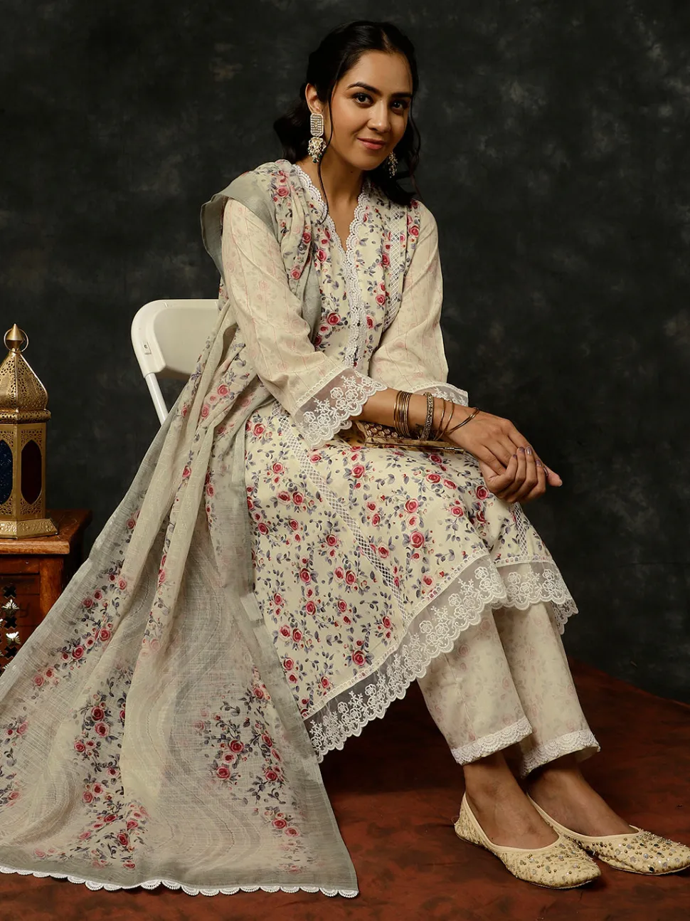 Jaipur Kurti Light Rose Printed A-line Kurta With Palazzo And Dupatta