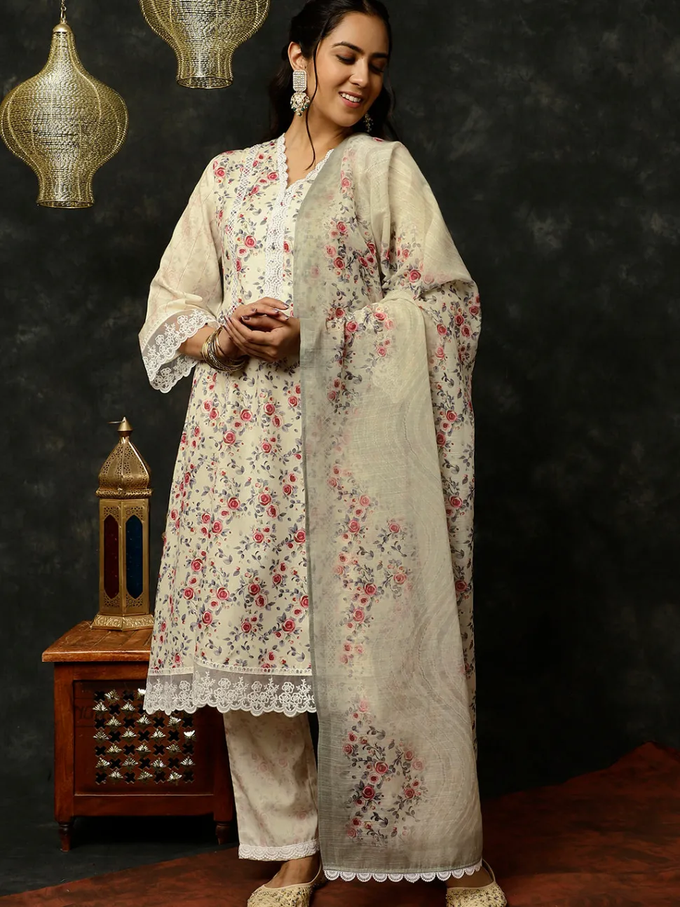 Jaipur Kurti Light Rose Printed A-line Kurta With Palazzo And Dupatta