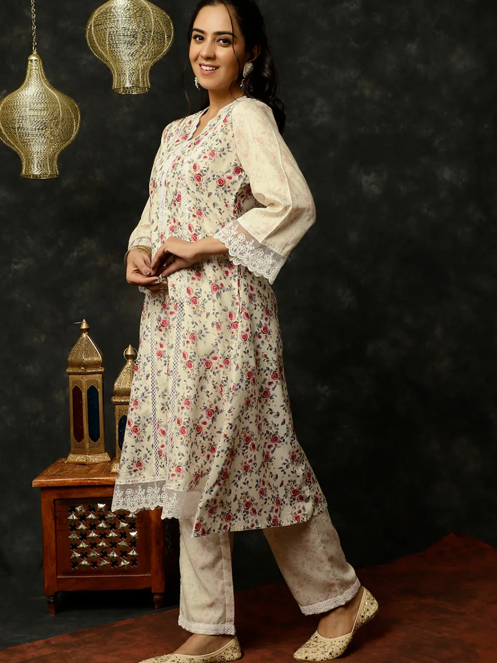 Jaipur Kurti Light Rose Printed A-line Kurta With Palazzo And Dupatta