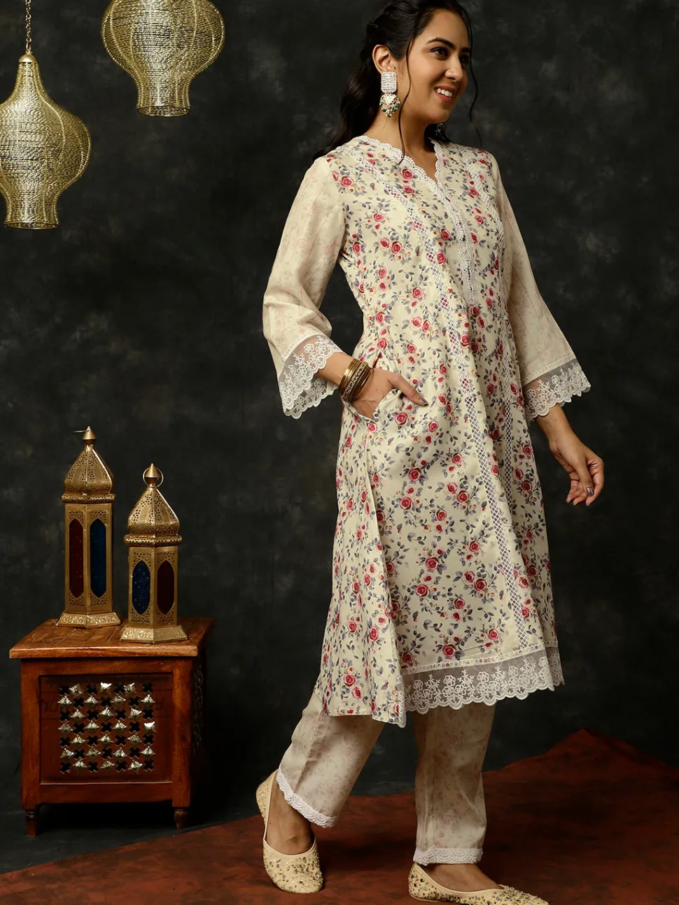 Jaipur Kurti Light Rose Printed A-line Kurta With Palazzo And Dupatta