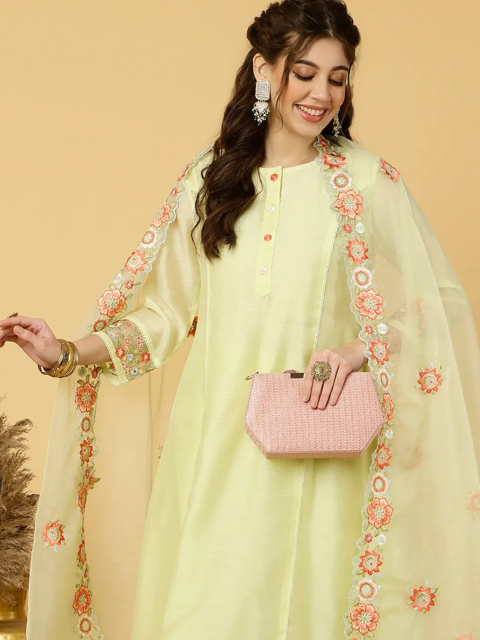 Jaipur Kurti Lime Green Embroidered Art Silk Chanderi A-line Kurta With Pants And Dupatta