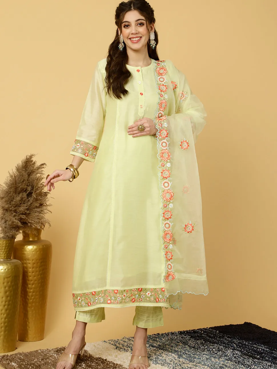 Jaipur Kurti Lime Green Embroidered Art Silk Chanderi A-line Kurta With Pants And Dupatta