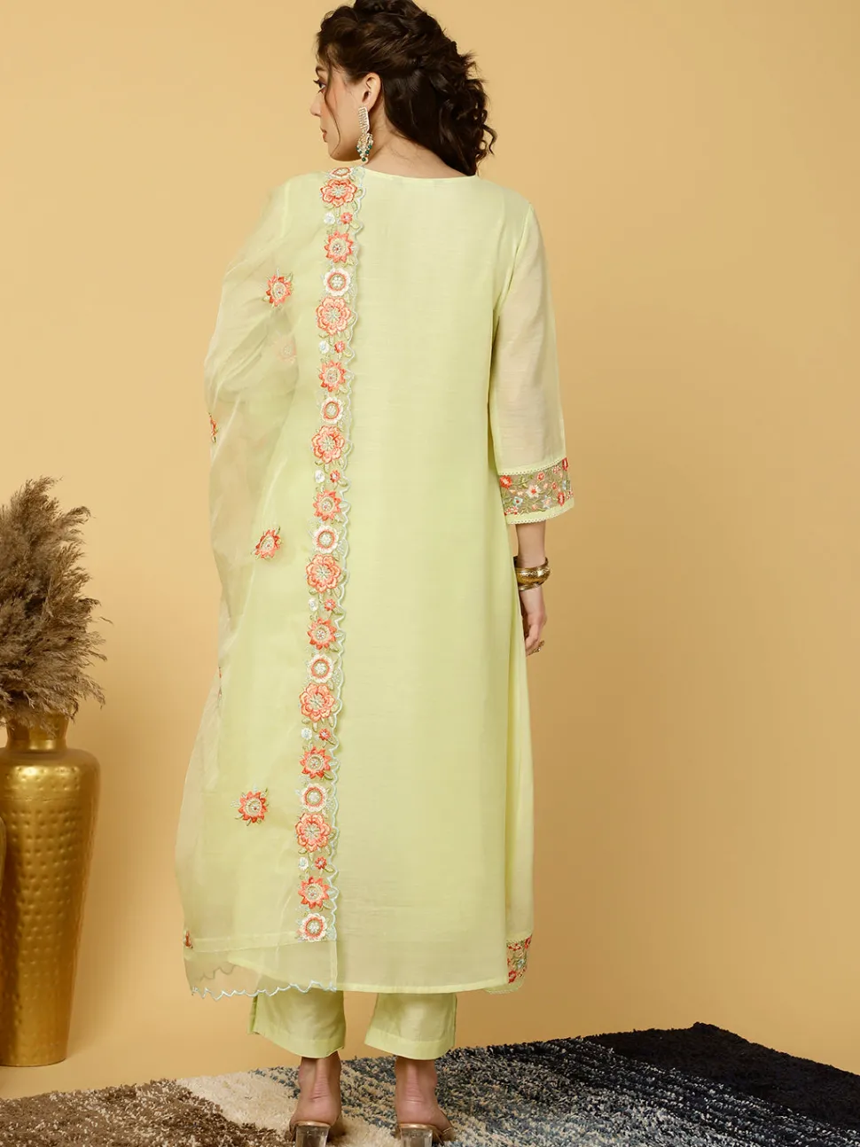 Jaipur Kurti Lime Green Embroidered Art Silk Chanderi A-line Kurta With Pants And Dupatta