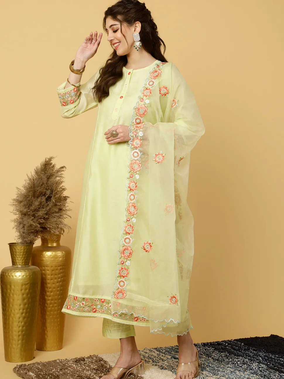 Jaipur Kurti Lime Green Embroidered Art Silk Chanderi A-line Kurta With Pants And Dupatta