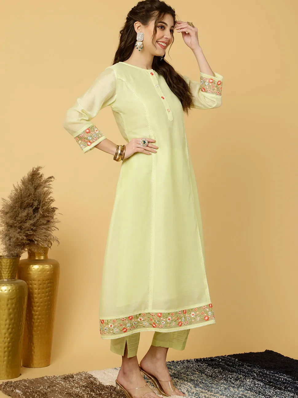 Jaipur Kurti Lime Green Embroidered Art Silk Chanderi A-line Kurta With Pants And Dupatta