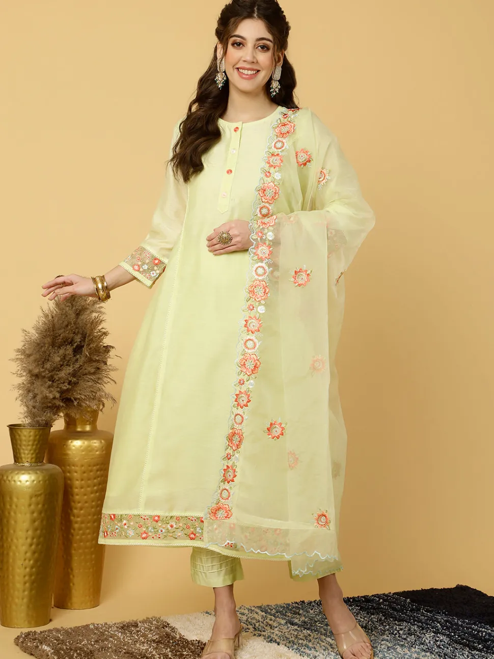 Jaipur Kurti Lime Green Embroidered Art Silk Chanderi A-line Kurta With Pants And Dupatta
