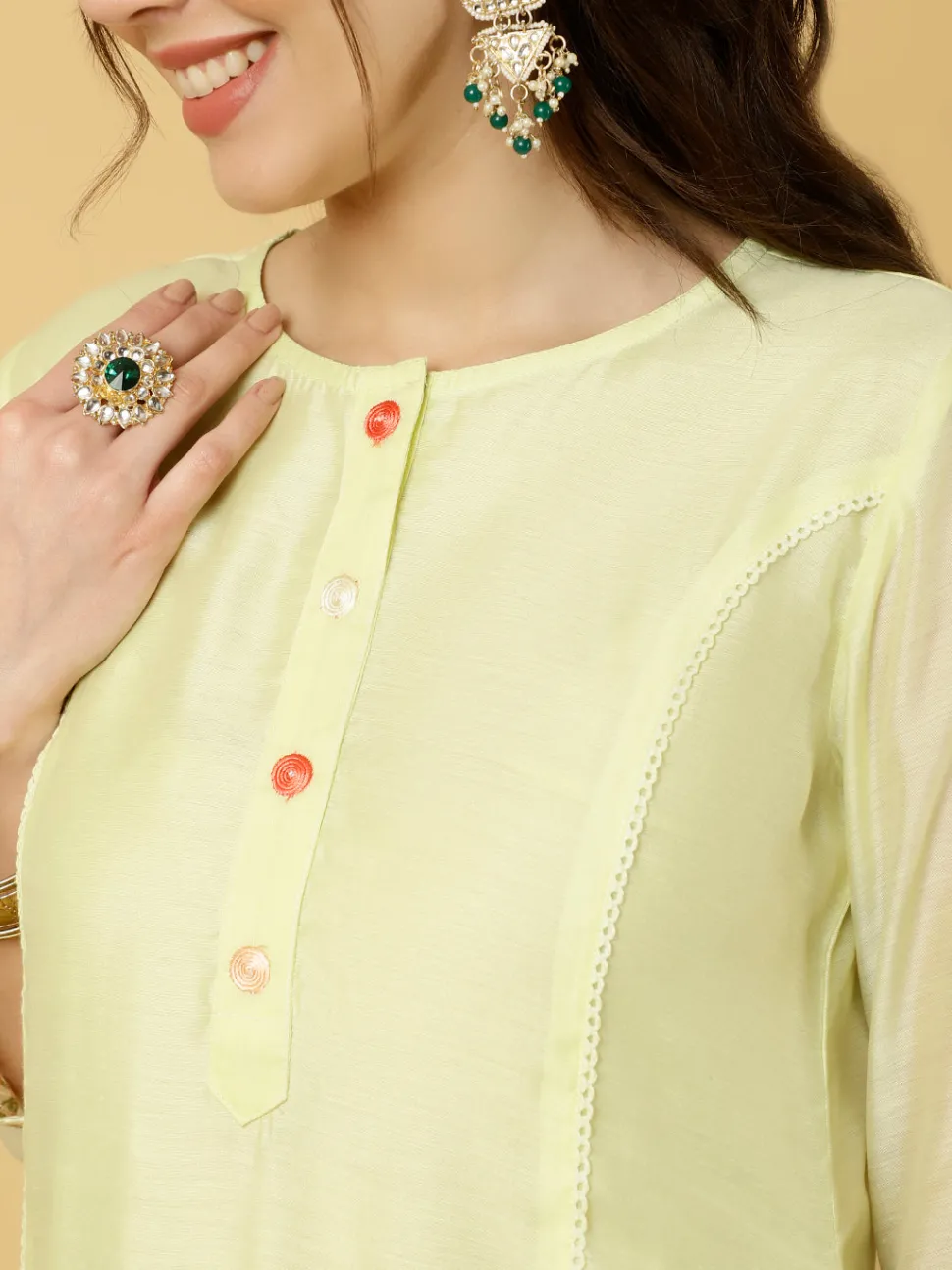 Jaipur Kurti Lime Green Embroidered Art Silk Chanderi A-line Kurta With Pants And Dupatta