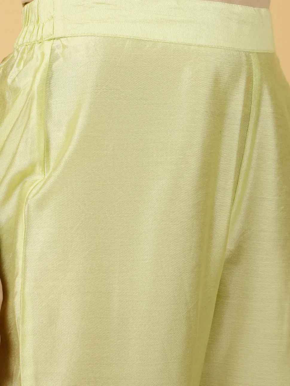 Jaipur Kurti Lime Green Embroidered Art Silk Chanderi A-line Kurta With Pants And Dupatta