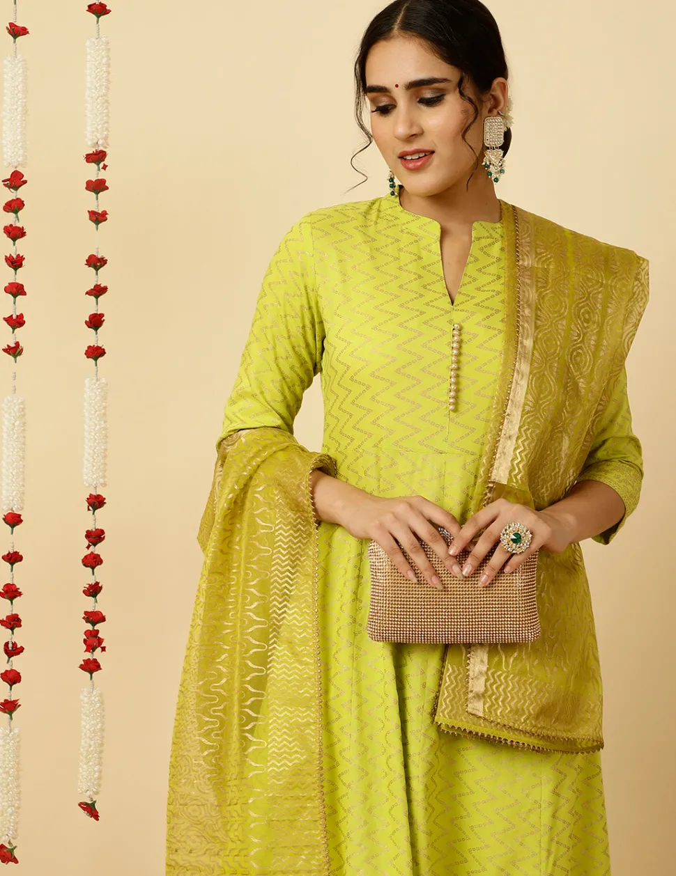 Jaipur Kurti Lime Green Zigzag Printed Anarkali Kurta With Pants And Dupatta