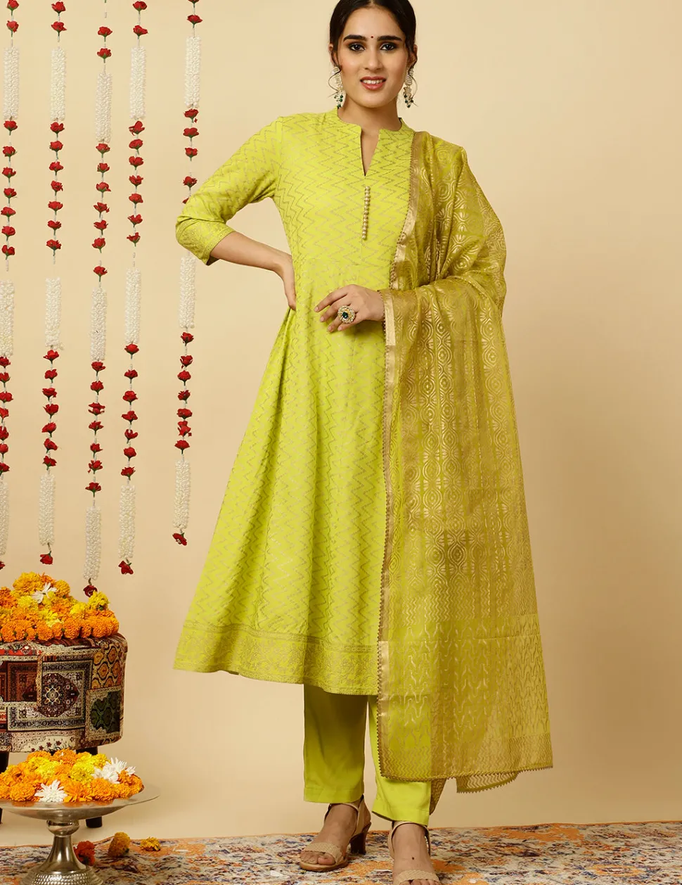 Jaipur Kurti Lime Green Zigzag Printed Anarkali Kurta With Pants And Dupatta
