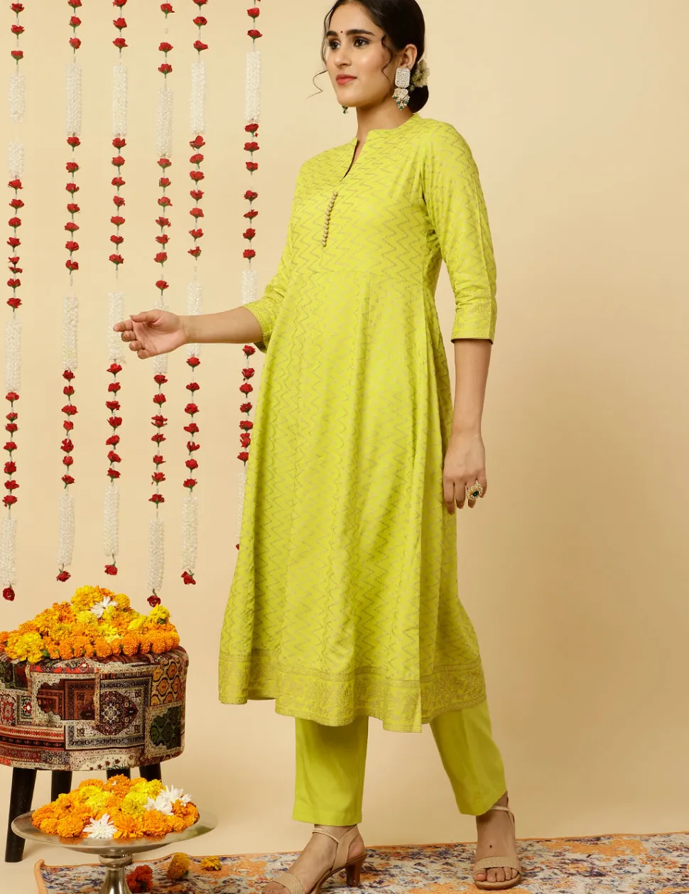 Jaipur Kurti Lime Green Zigzag Printed Anarkali Kurta With Pants And Dupatta
