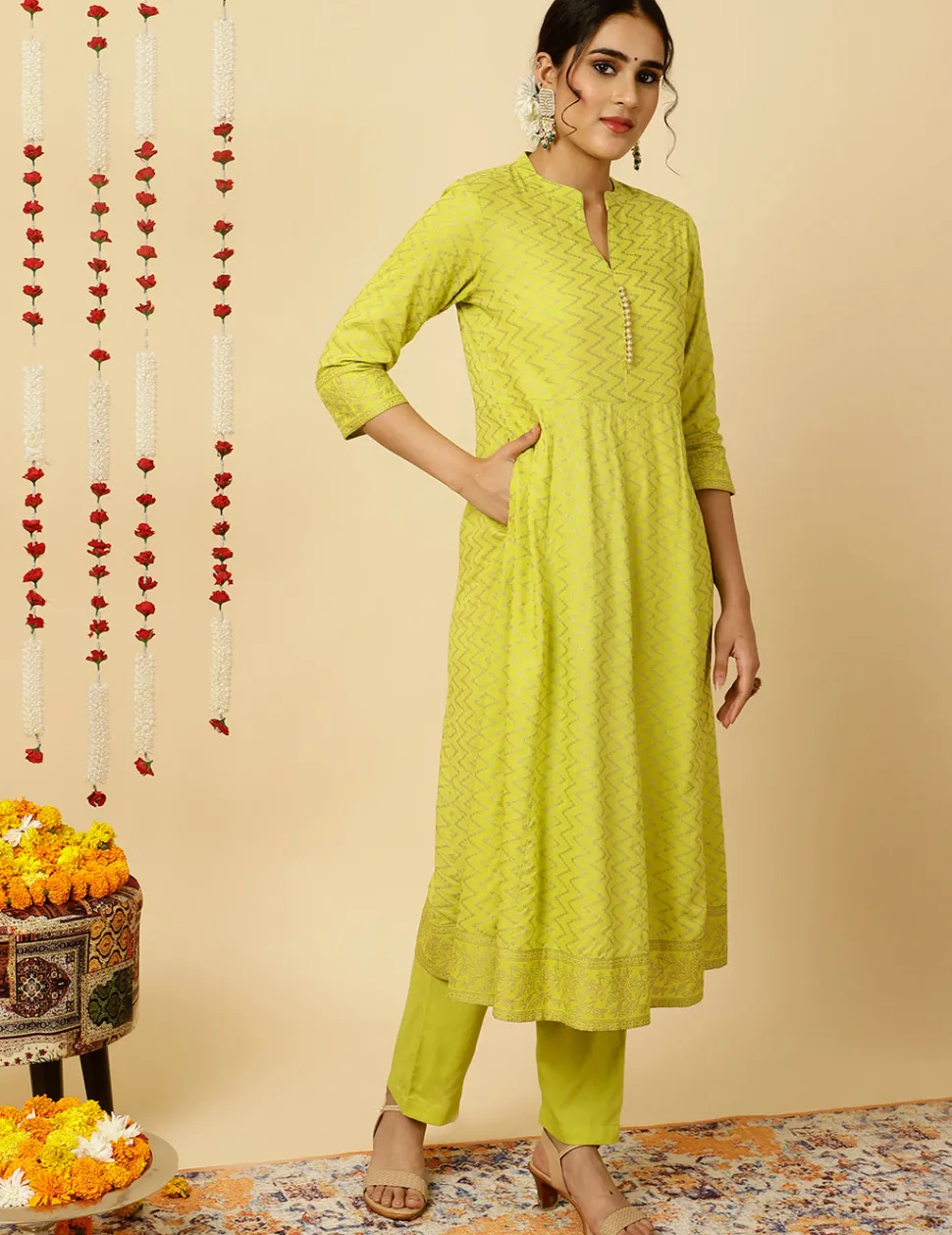 Jaipur Kurti Lime Green Zigzag Printed Anarkali Kurta With Pants And Dupatta