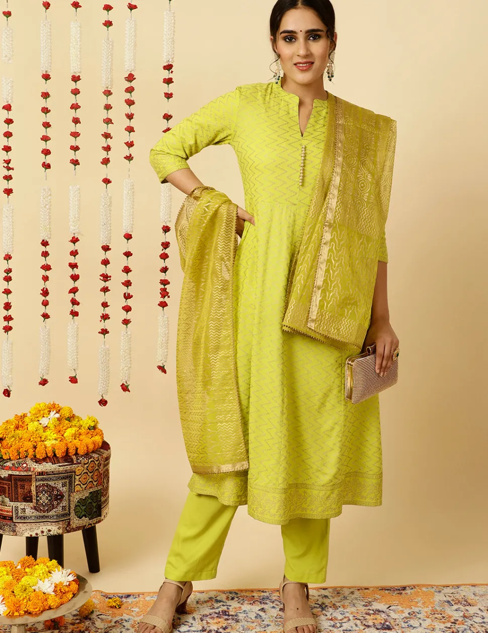 Jaipur Kurti Lime Green Zigzag Printed Anarkali Kurta With Pants And Dupatta