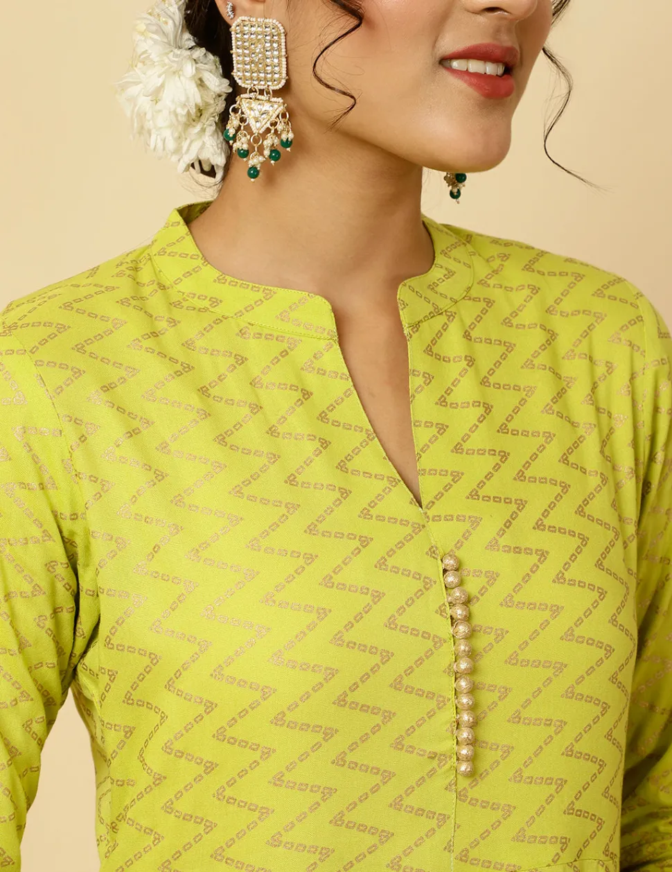 Jaipur Kurti Lime Green Zigzag Printed Anarkali Kurta With Pants And Dupatta