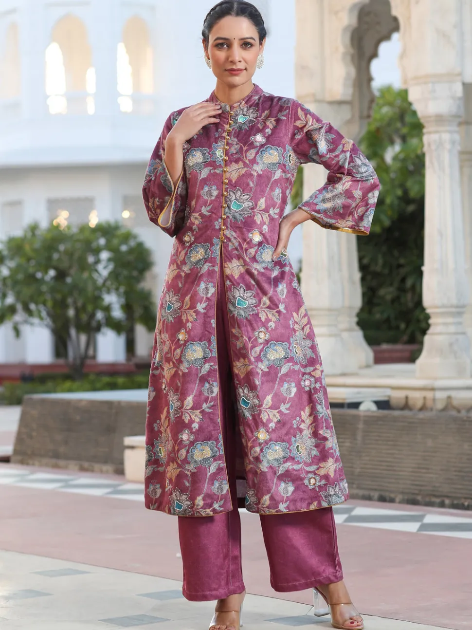 Jaipur Kurti Printed Embroidered Velvet Straight Kurta Paired With Solid Velvet Palazzo