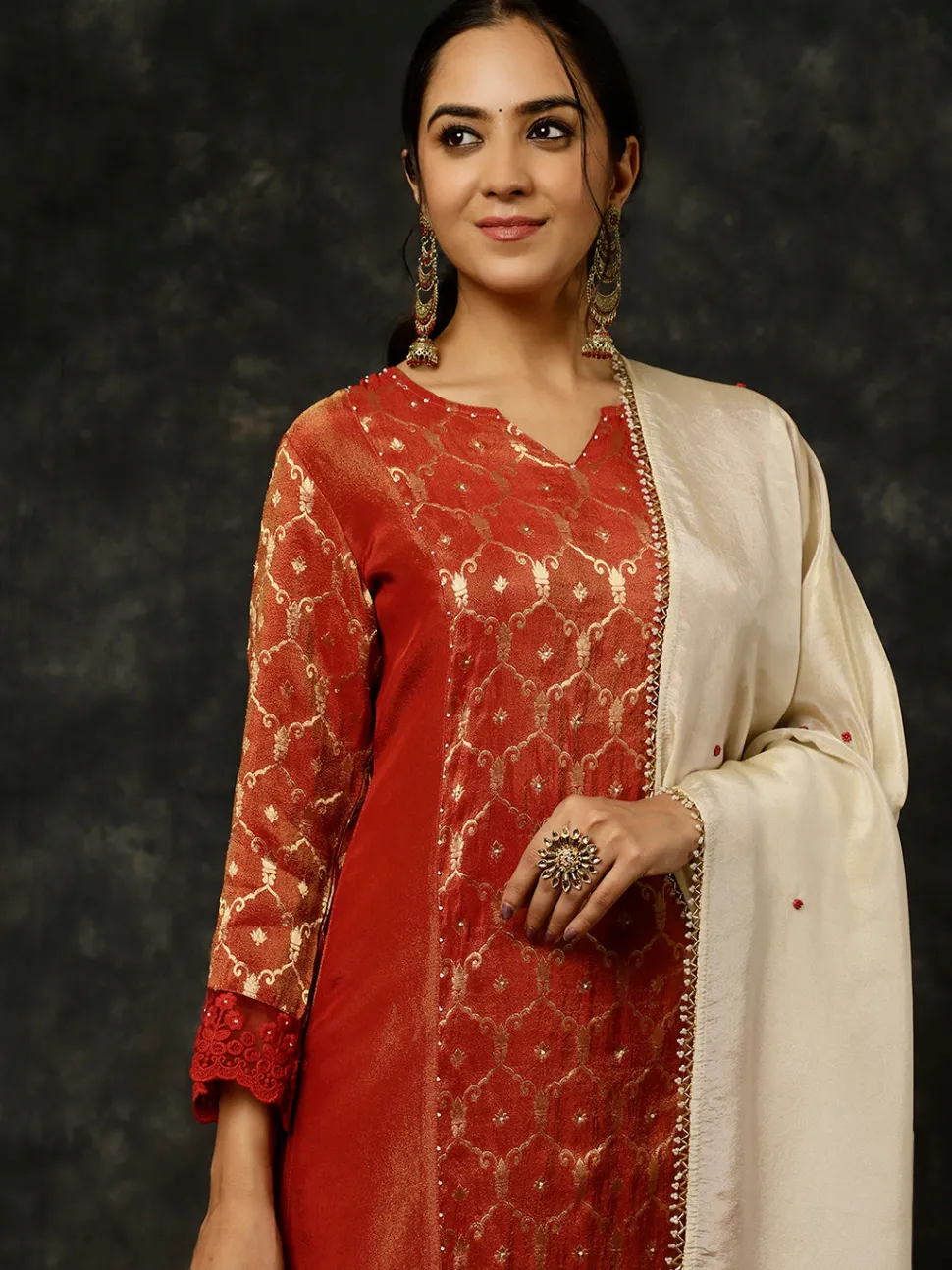 Jaipur Kurti Bead Work Silk Straight Kurta With Pants And Dupatta