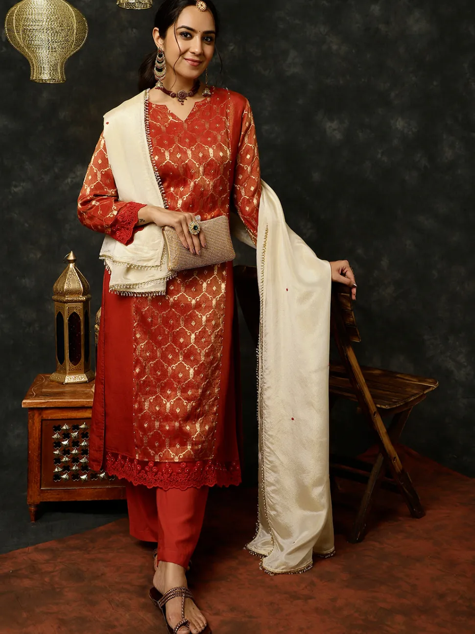 Jaipur Kurti Bead Work Silk Straight Kurta With Pants And Dupatta