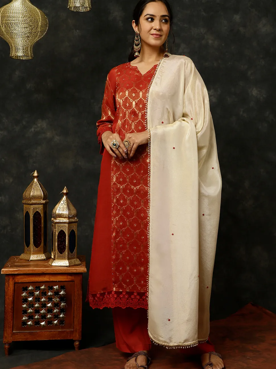 Jaipur Kurti Bead Work Silk Straight Kurta With Pants And Dupatta