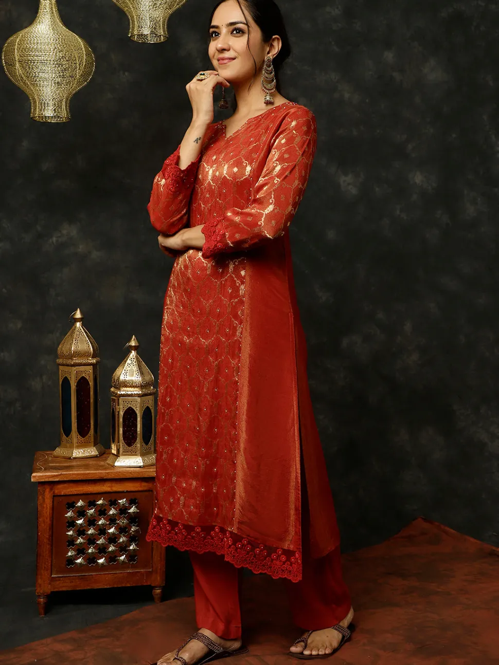 Jaipur Kurti Bead Work Silk Straight Kurta With Pants And Dupatta