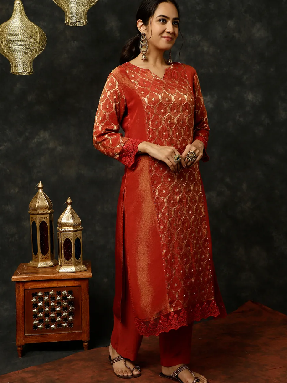Jaipur Kurti Bead Work Silk Straight Kurta With Pants And Dupatta