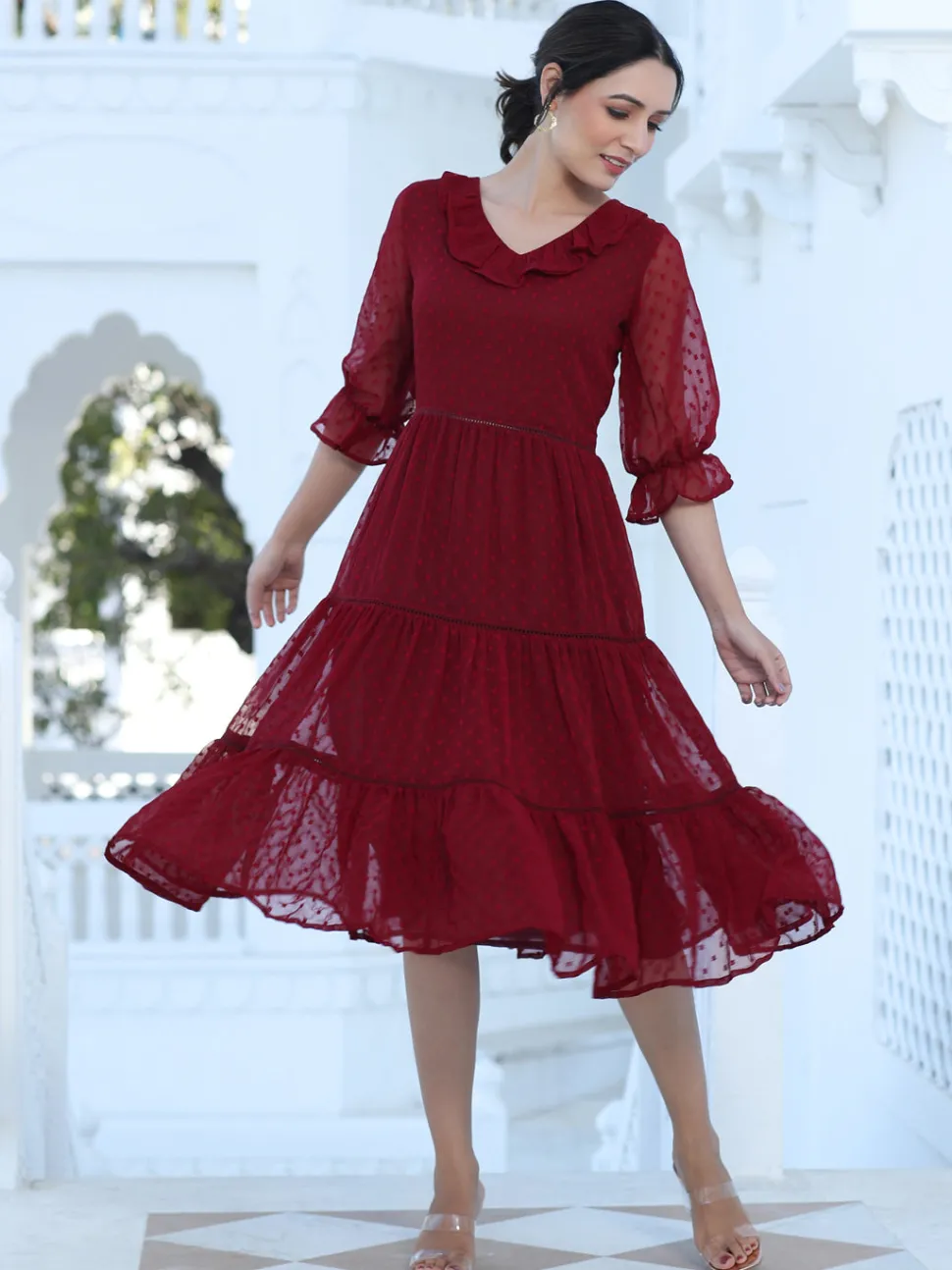 Jaipur Kurti Maroon Color Polka Self Weave Georgette Tiered Lace Inserted Dress