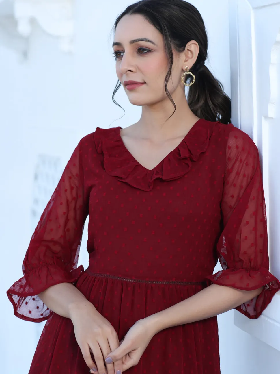 Jaipur Kurti Maroon Color Polka Self Weave Georgette Tiered Lace Inserted Dress
