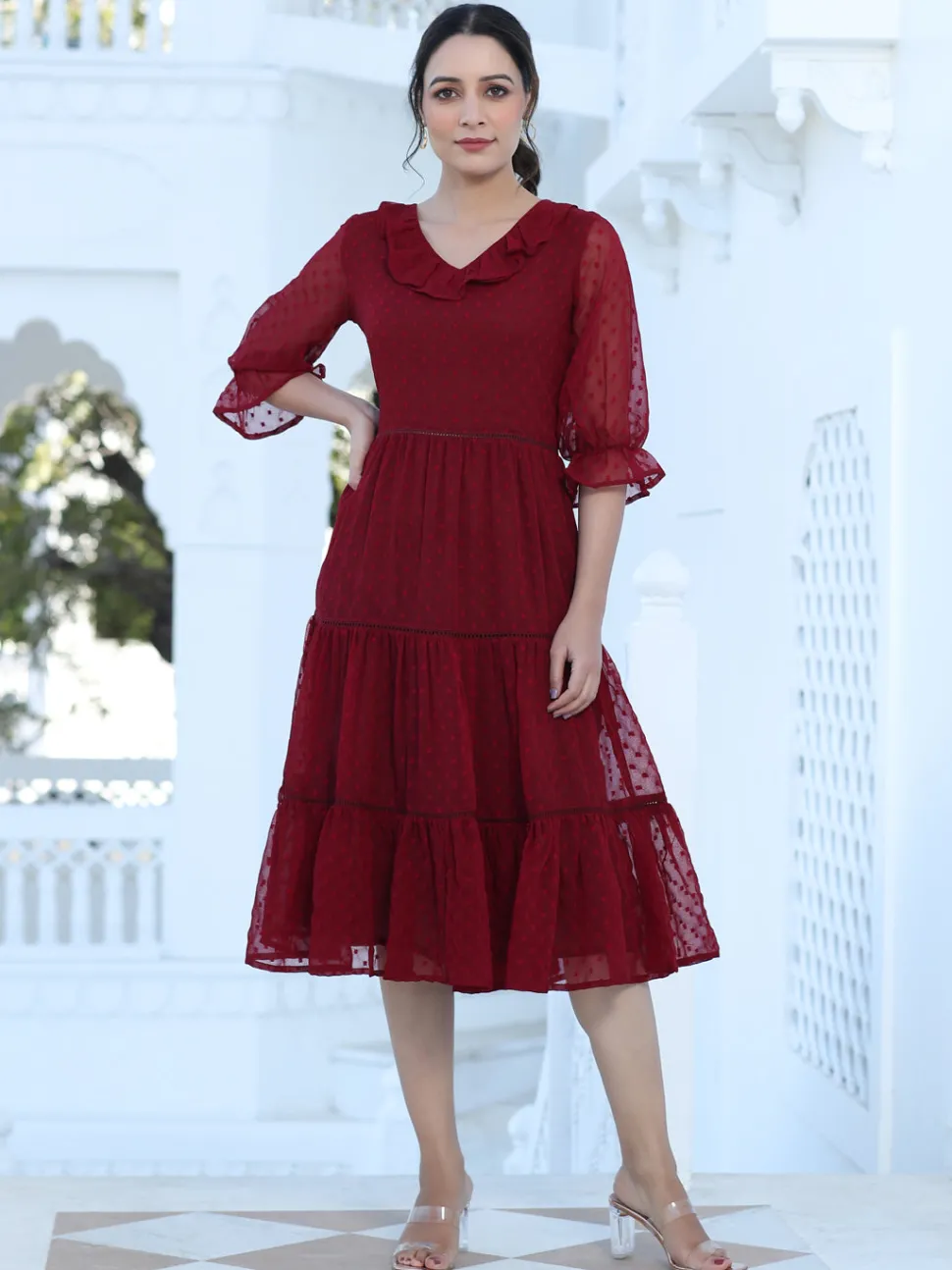 Jaipur Kurti Maroon Color Polka Self Weave Georgette Tiered Lace Inserted Dress