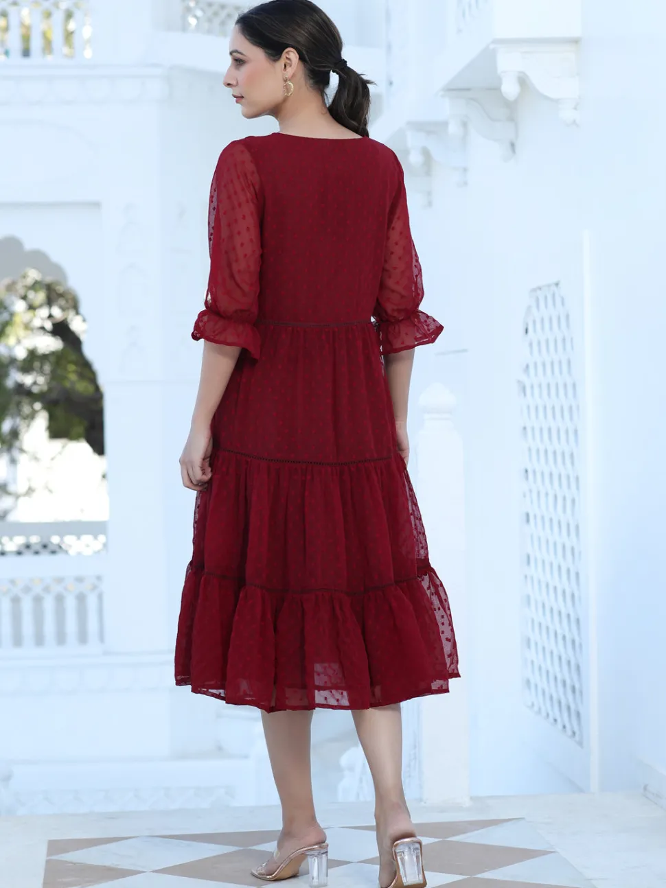 Jaipur Kurti Maroon Color Polka Self Weave Georgette Tiered Lace Inserted Dress