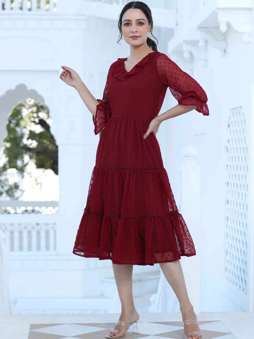 Jaipur Kurti Maroon Color Polka Self Weave Georgette Tiered Lace Inserted Dress