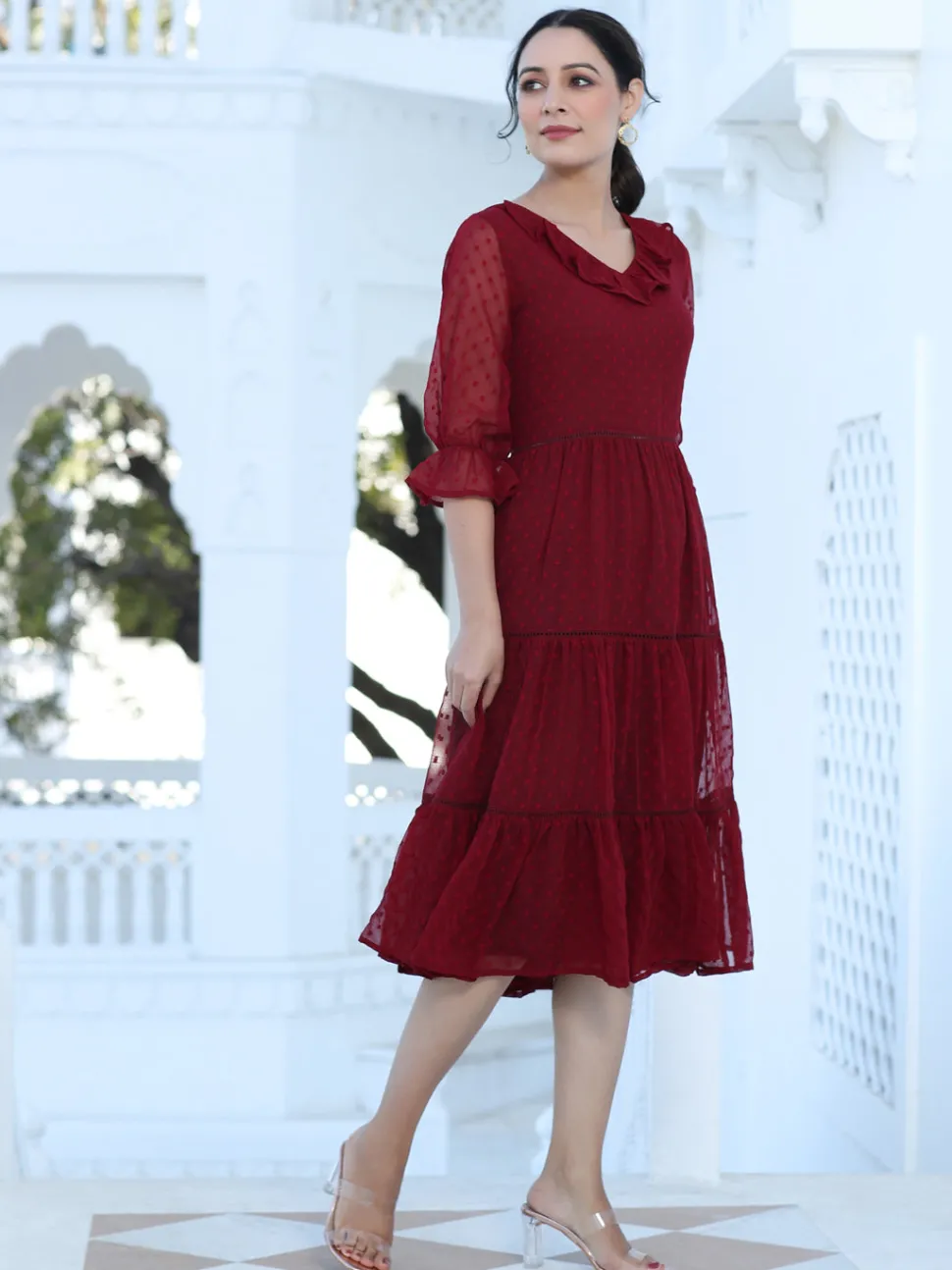 Jaipur Kurti Maroon Color Polka Self Weave Georgette Tiered Lace Inserted Dress