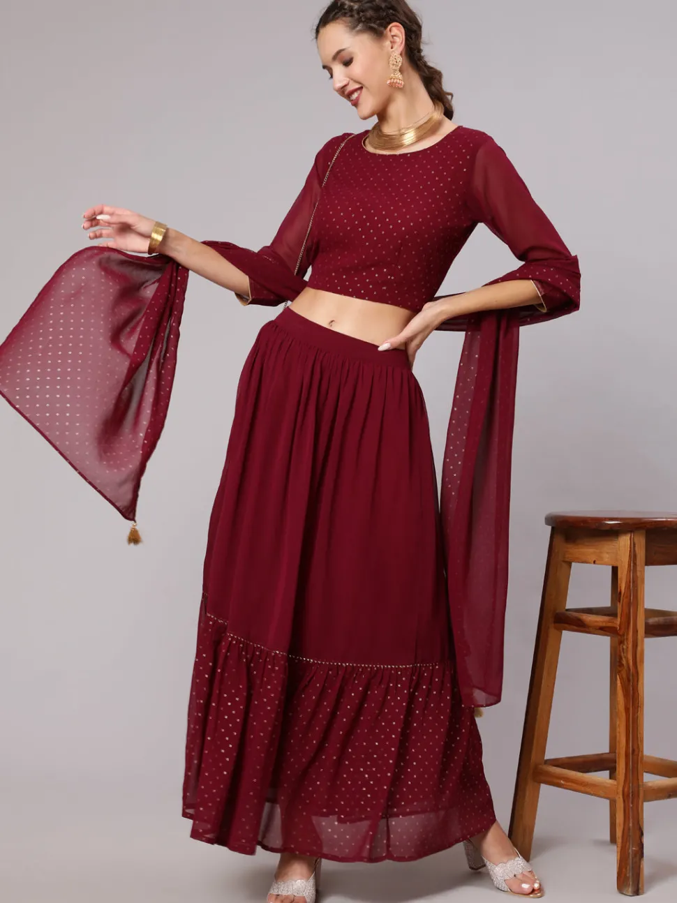 Jaipur Kurti Maroon Georgette Gold Print Embellished Lehnga Has Crop Top, Skirt And Dupatta