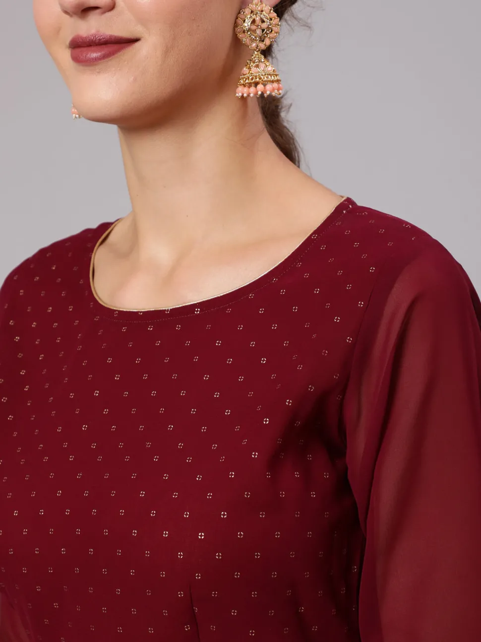 Jaipur Kurti Maroon Georgette Gold Print Embellished Lehnga Has Crop Top, Skirt And Dupatta