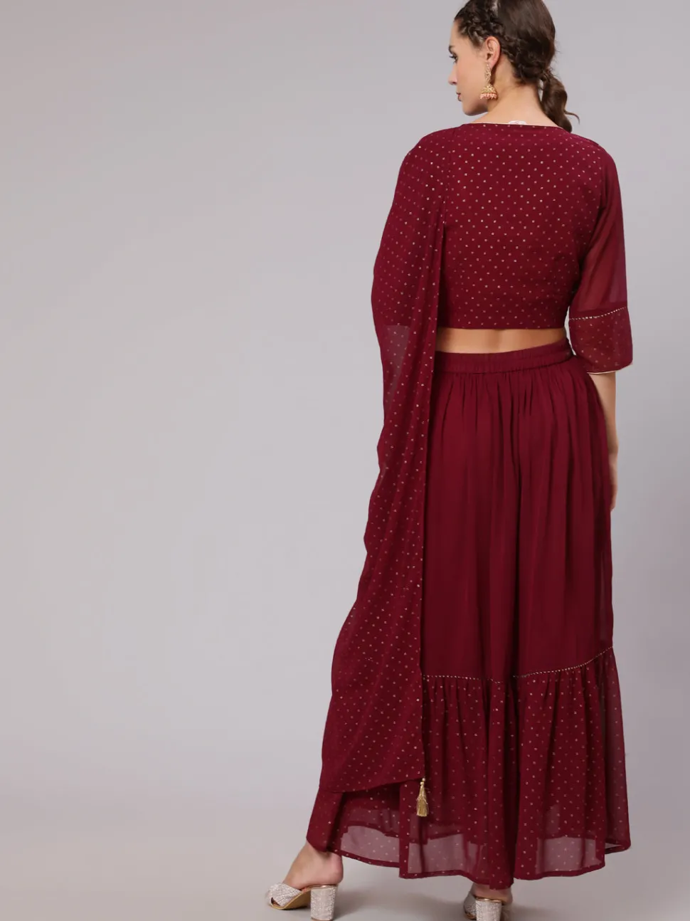 Jaipur Kurti Maroon Georgette Gold Print Embellished Lehnga Has Crop Top, Skirt And Dupatta