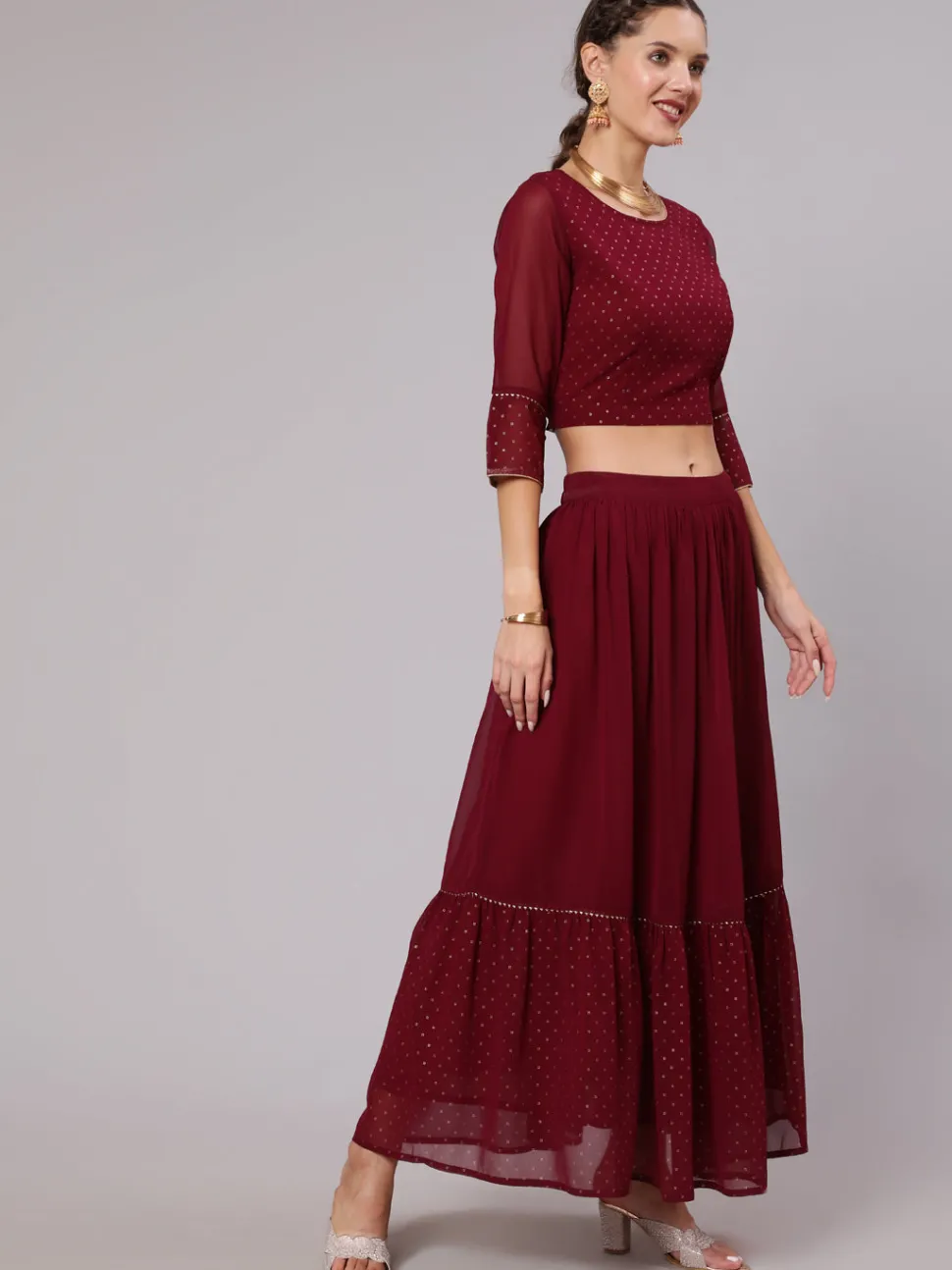 Jaipur Kurti Maroon Georgette Gold Print Embellished Lehnga Has Crop Top, Skirt And Dupatta