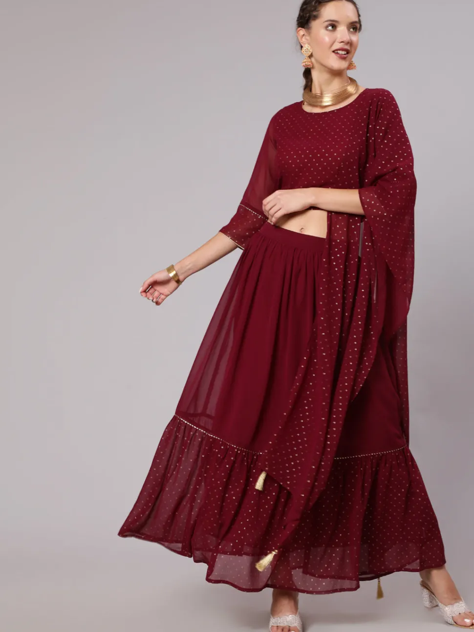 Jaipur Kurti Maroon Georgette Gold Print Embellished Lehnga Has Crop Top, Skirt And Dupatta