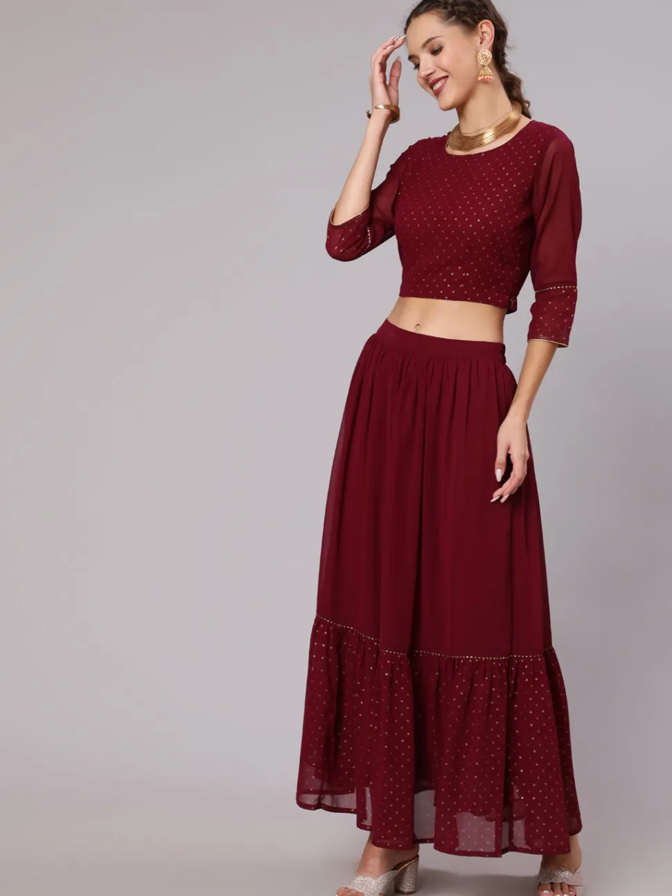 Jaipur Kurti Maroon Georgette Gold Print Embellished Lehnga Has Crop Top, Skirt And Dupatta