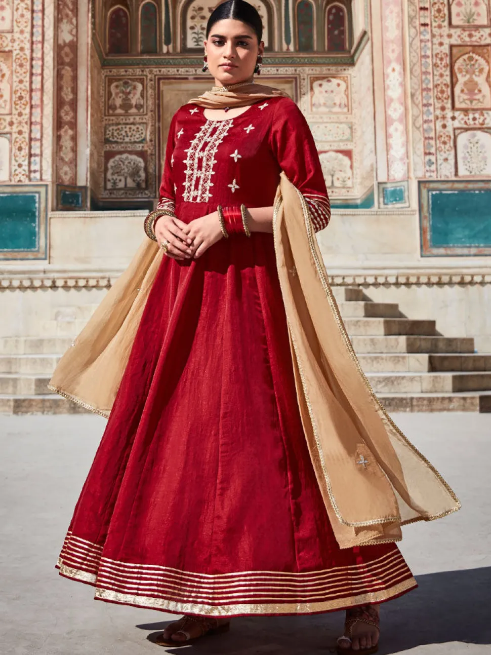 Jaipur Kurti Silk Dobby Embroidered Anarkali Long Kurta With Organza Embroidred Dupatta