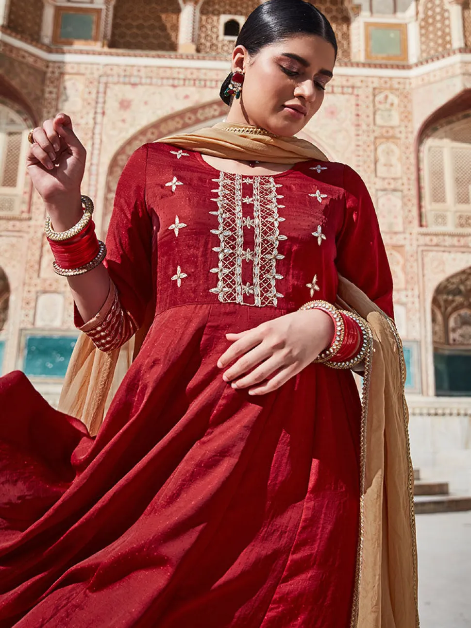 Jaipur Kurti Silk Dobby Embroidered Anarkali Long Kurta With Organza Embroidred Dupatta