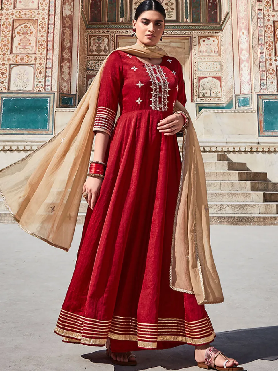 Jaipur Kurti Silk Dobby Embroidered Anarkali Long Kurta With Organza Embroidred Dupatta