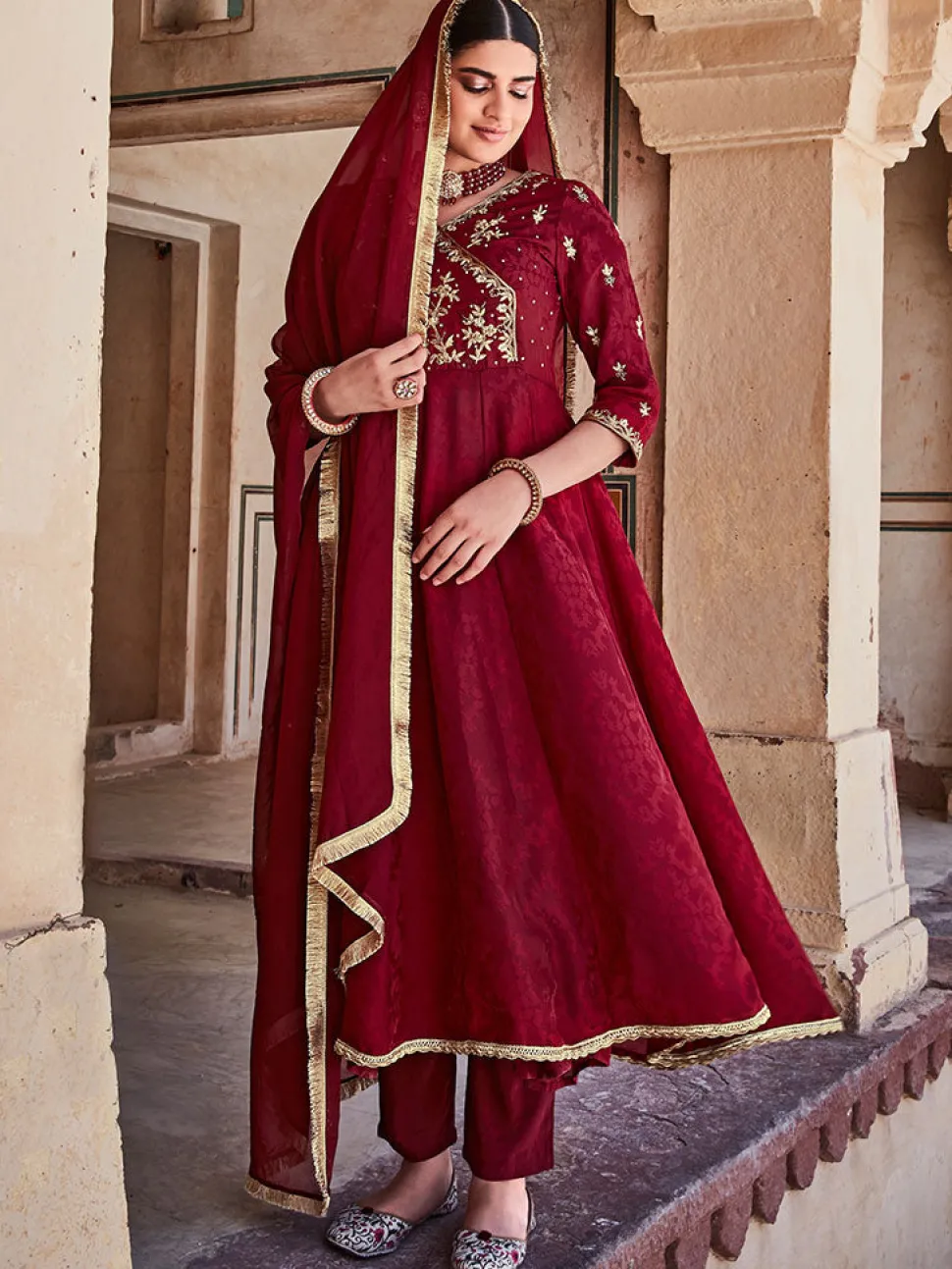 Jaipur Kurti Silk Dobby Embroidered Anarkali Long Kurta With Silk Blend Trousers And Organza Embroidred Dupatta