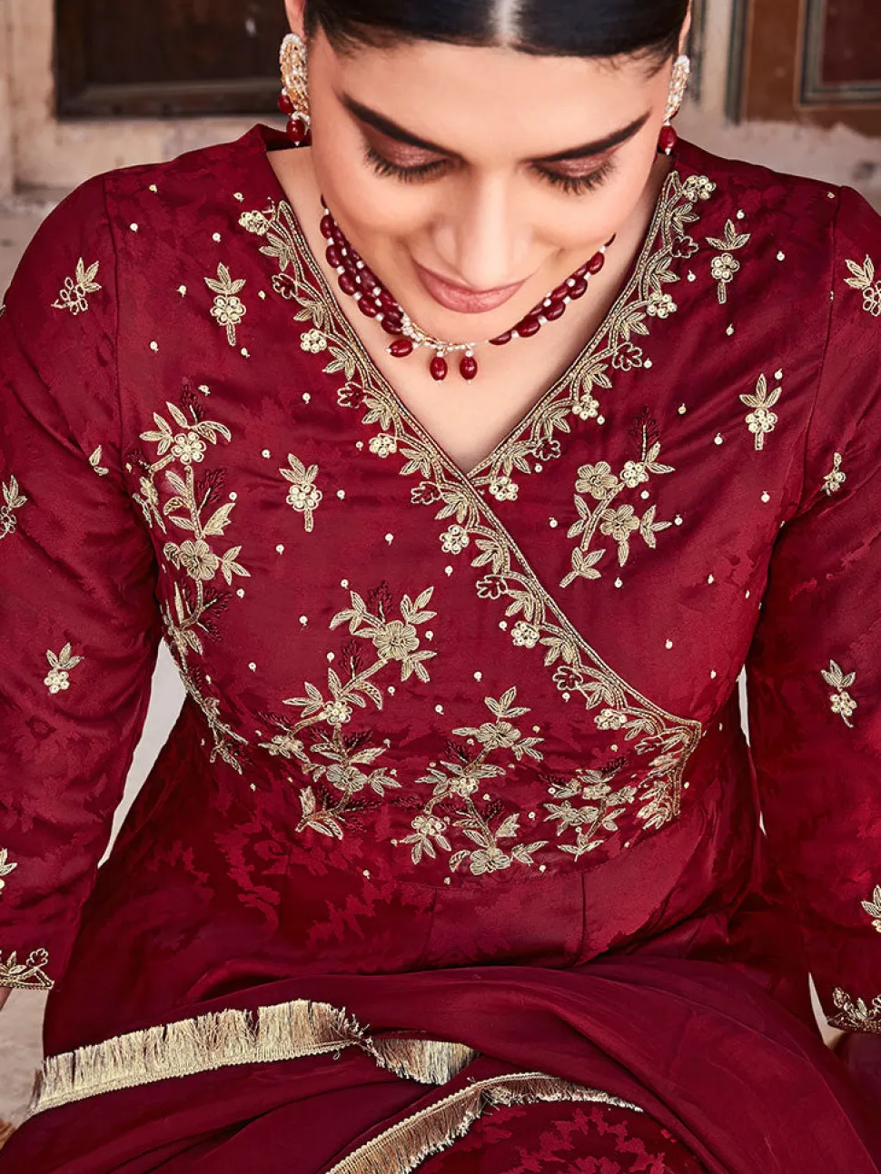Jaipur Kurti Silk Dobby Embroidered Anarkali Long Kurta With Silk Blend Trousers And Organza Embroidred Dupatta