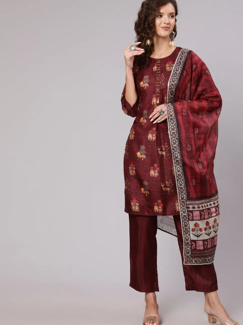 Jaipur Kurti Maroon Tussar Silk Printed Kantha Work Kurta With Palazzo And Kota Doria Dupatta