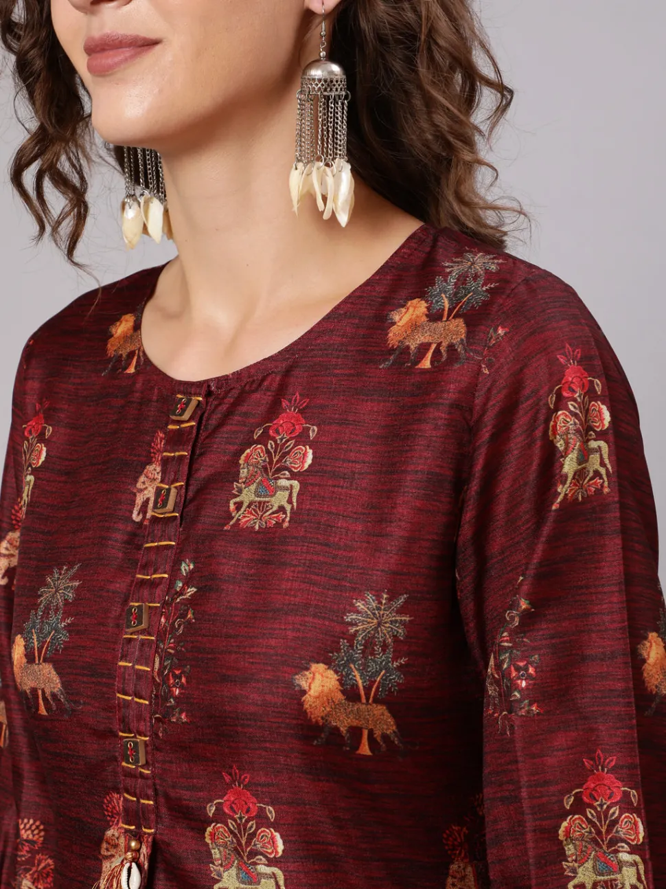 Jaipur Kurti Maroon Tussar Silk Printed Kantha Work Kurta With Palazzo And Kota Doria Dupatta