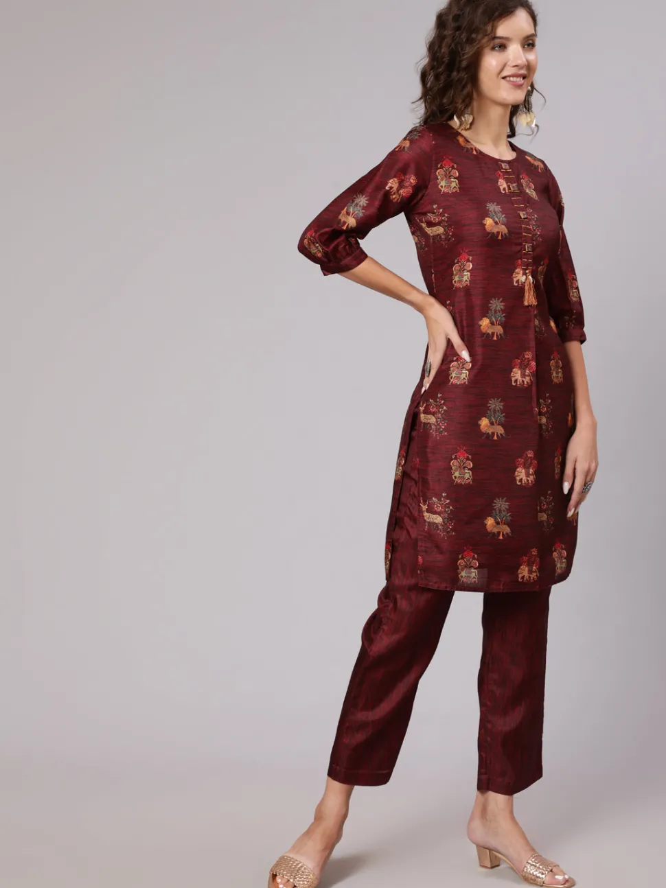 Jaipur Kurti Maroon Tussar Silk Printed Kantha Work Kurta With Palazzo And Kota Doria Dupatta