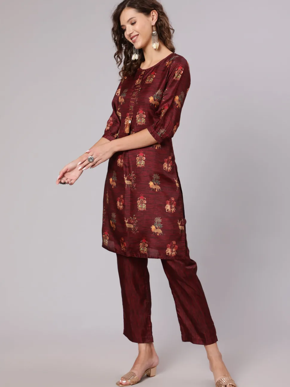 Jaipur Kurti Maroon Tussar Silk Printed Kantha Work Kurta With Palazzo And Kota Doria Dupatta
