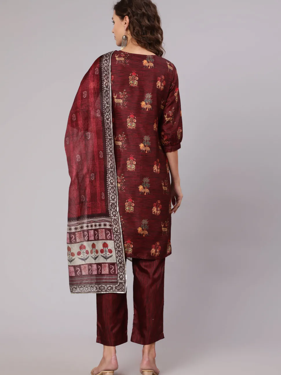 Jaipur Kurti Maroon Tussar Silk Printed Kantha Work Kurta With Palazzo And Kota Doria Dupatta