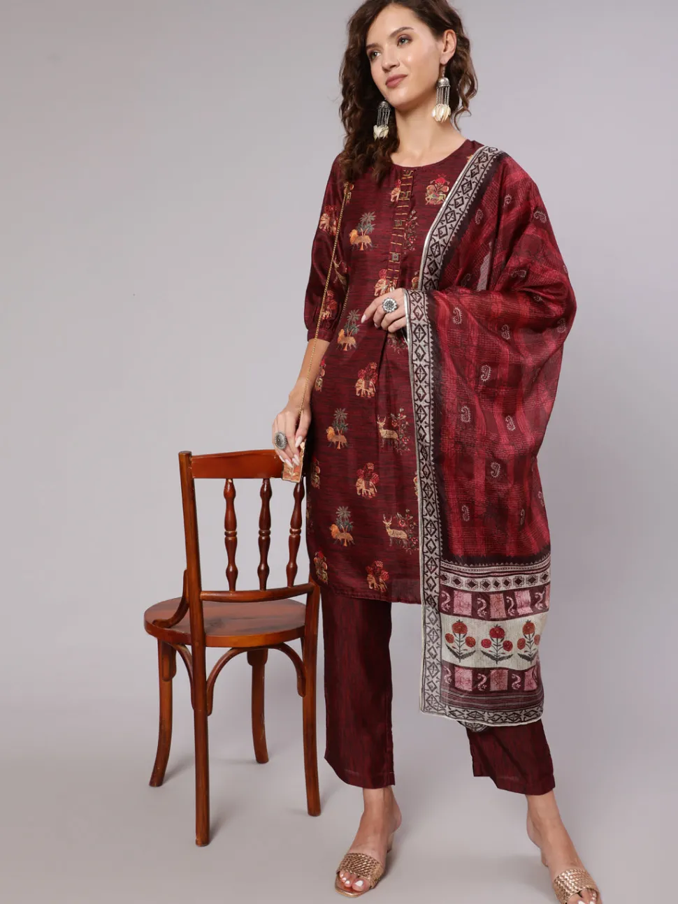Jaipur Kurti Maroon Tussar Silk Printed Kantha Work Kurta With Palazzo And Kota Doria Dupatta